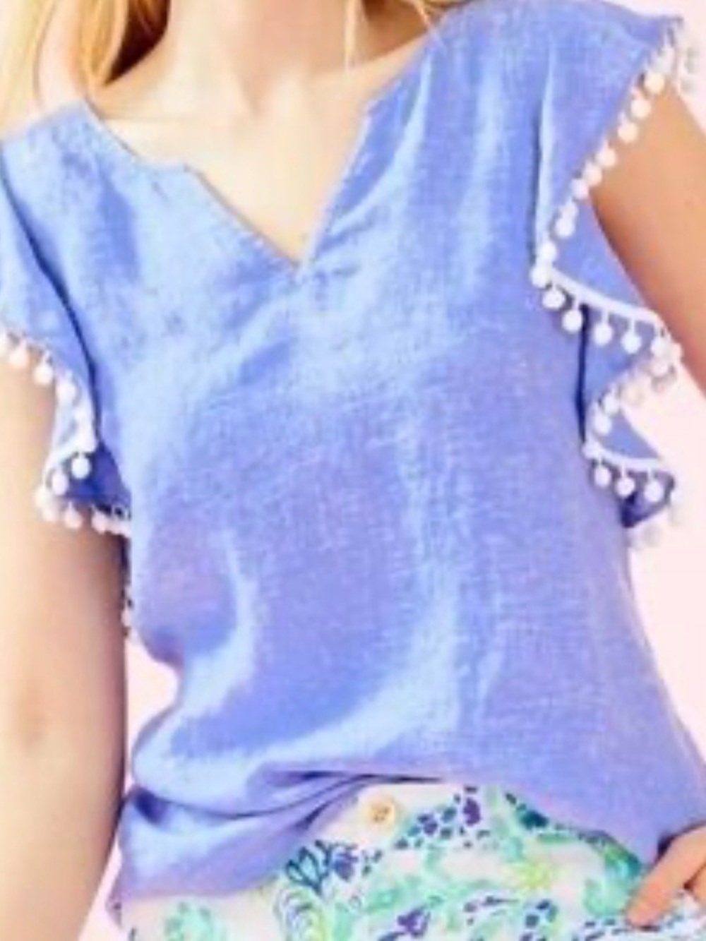 Lilly Pulitzer Astara Linen Pom Pom Top in the color shade Beckon Blue